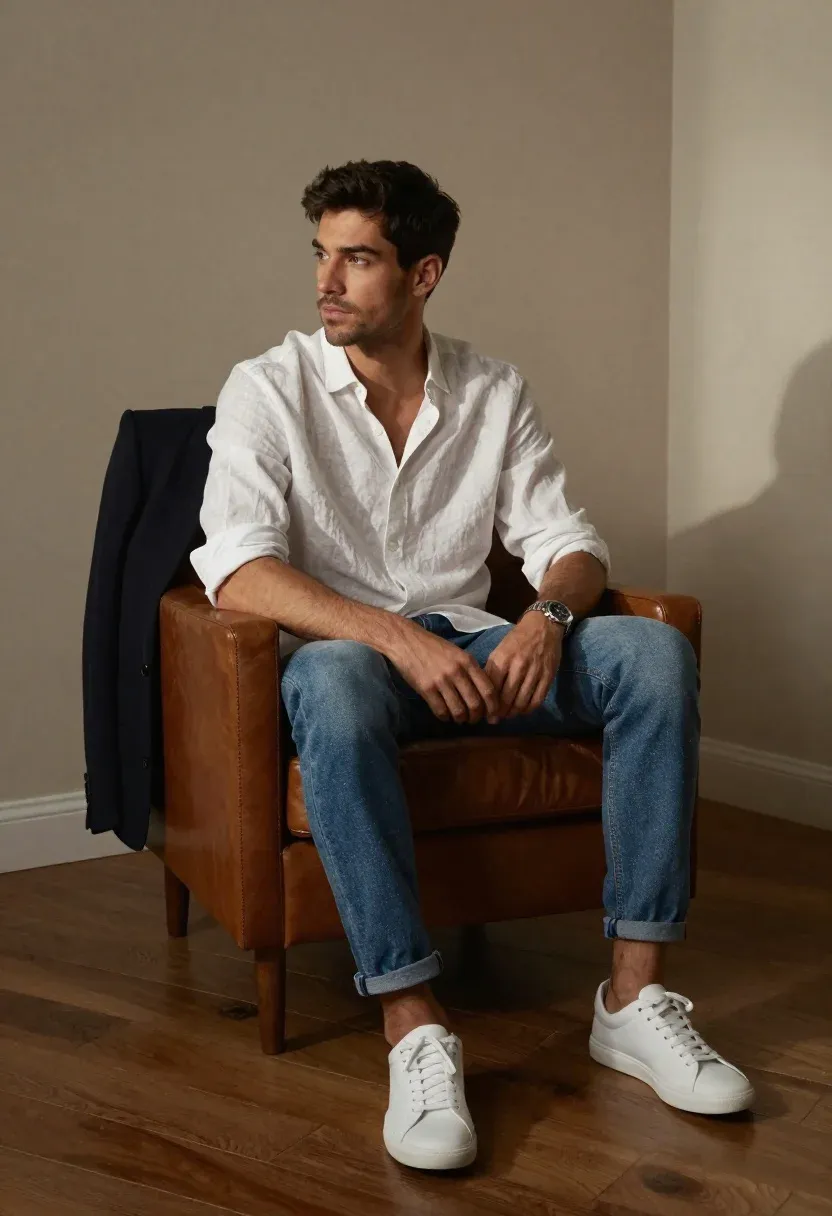 Cinematic Portrait Stylish Man Seated Casually The Edge Brown Leather
