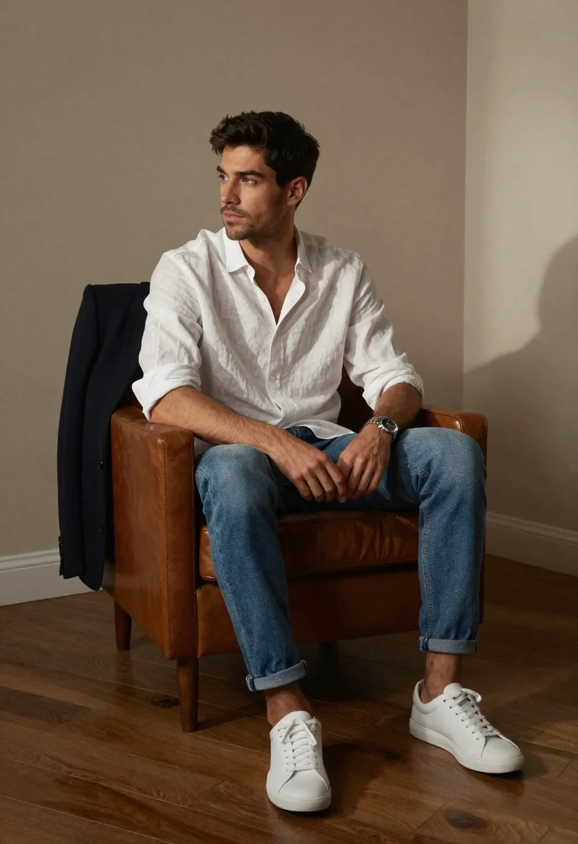 Cinematic Portrait Stylish Man Seated Casually The Edge Brown Leather reference photo