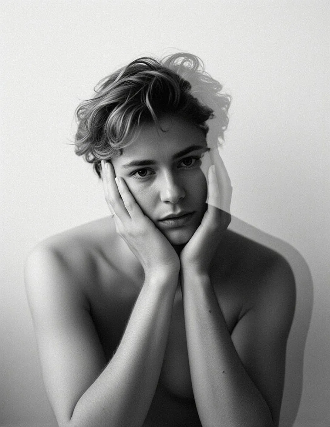 Black And White Medium Shot Portrait Young Person With Short