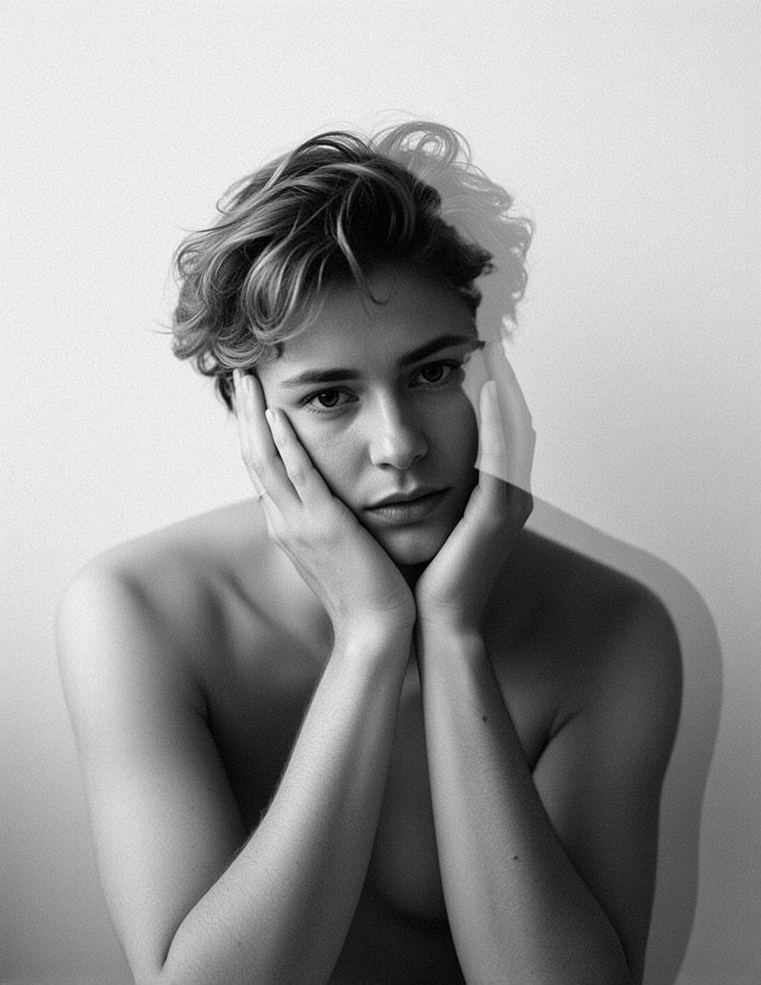 Black And White Medium Shot Portrait Young Person With Short