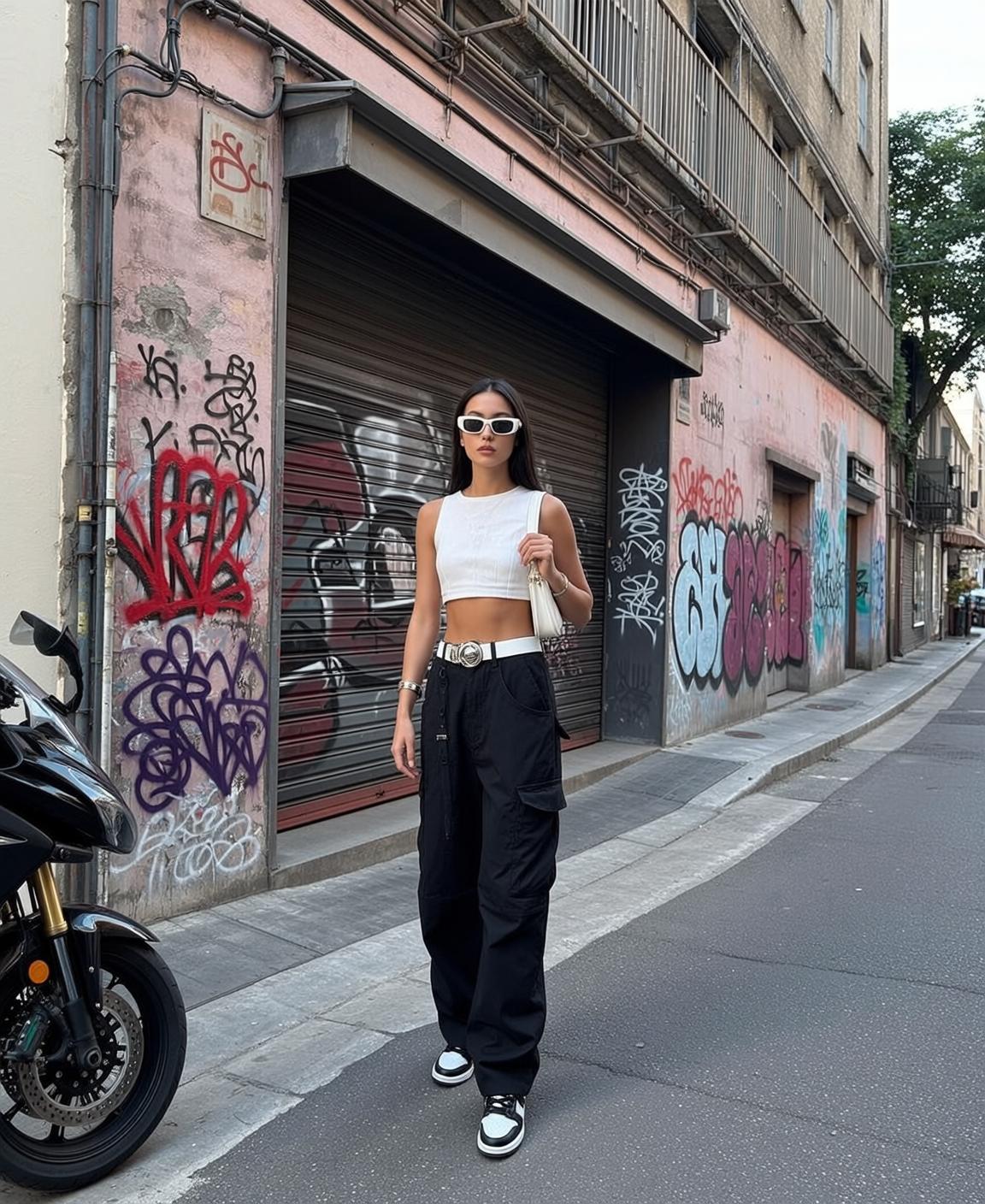 Urban Street Style Woman White Tank Black Cargo Pants Motorcycle