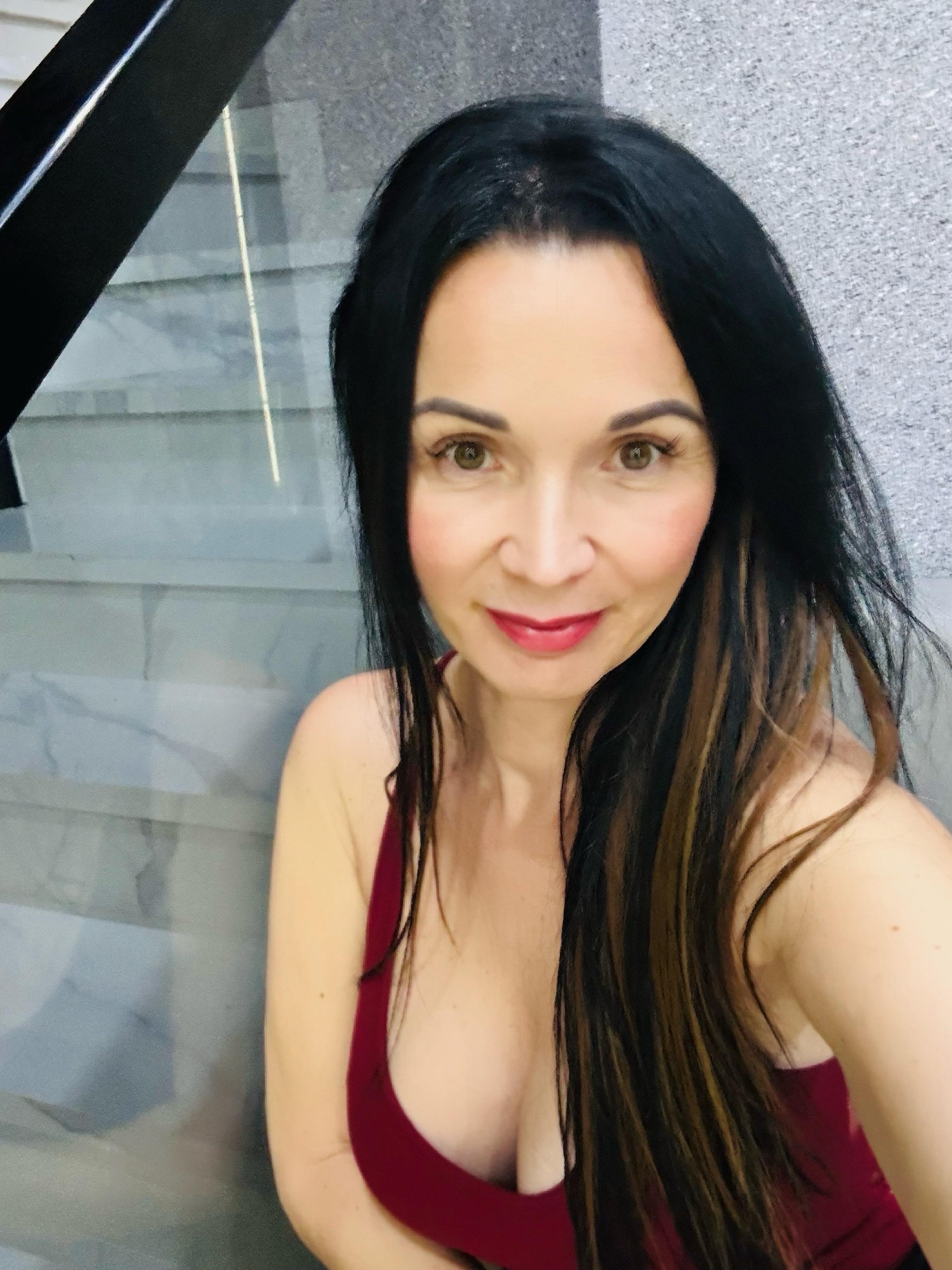 Selfie Staircase Portrait Deep Red Top Gentle Smile