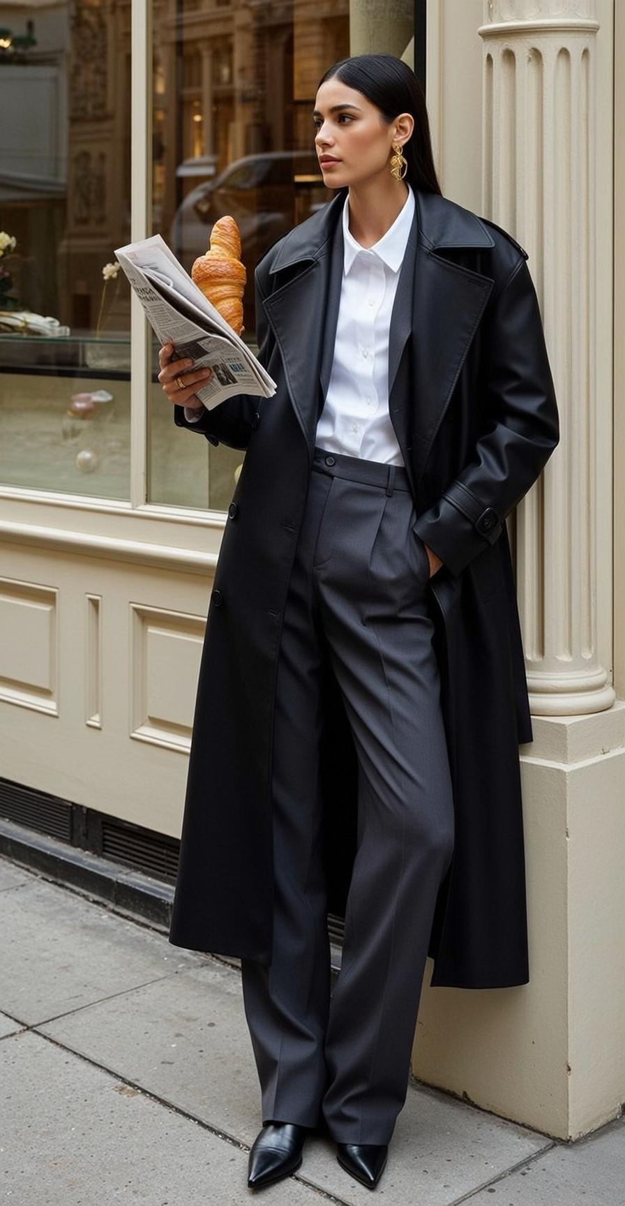 Trench Coat Holding Croissant Street Bakery