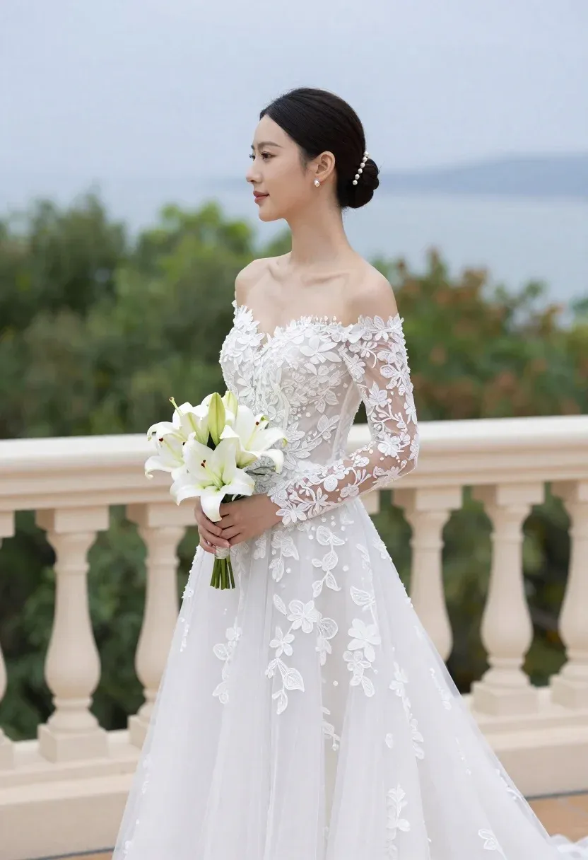 Beautiful Bride Stands Profile Against Soft-focus Backdrop Green Trees And
