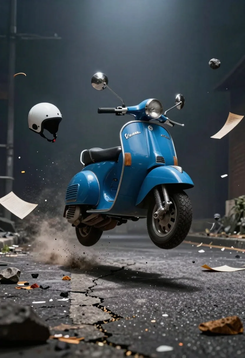 Vintage Blue Vespa Scooter Suspended Mid-air Above Cracked Asphalt Surface