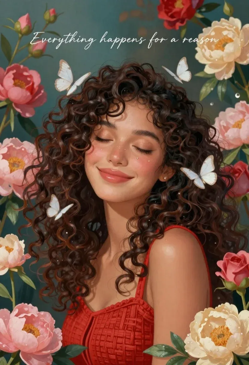 Serene Portrait Smiling Woman With Voluminous Dark Curly Hair And