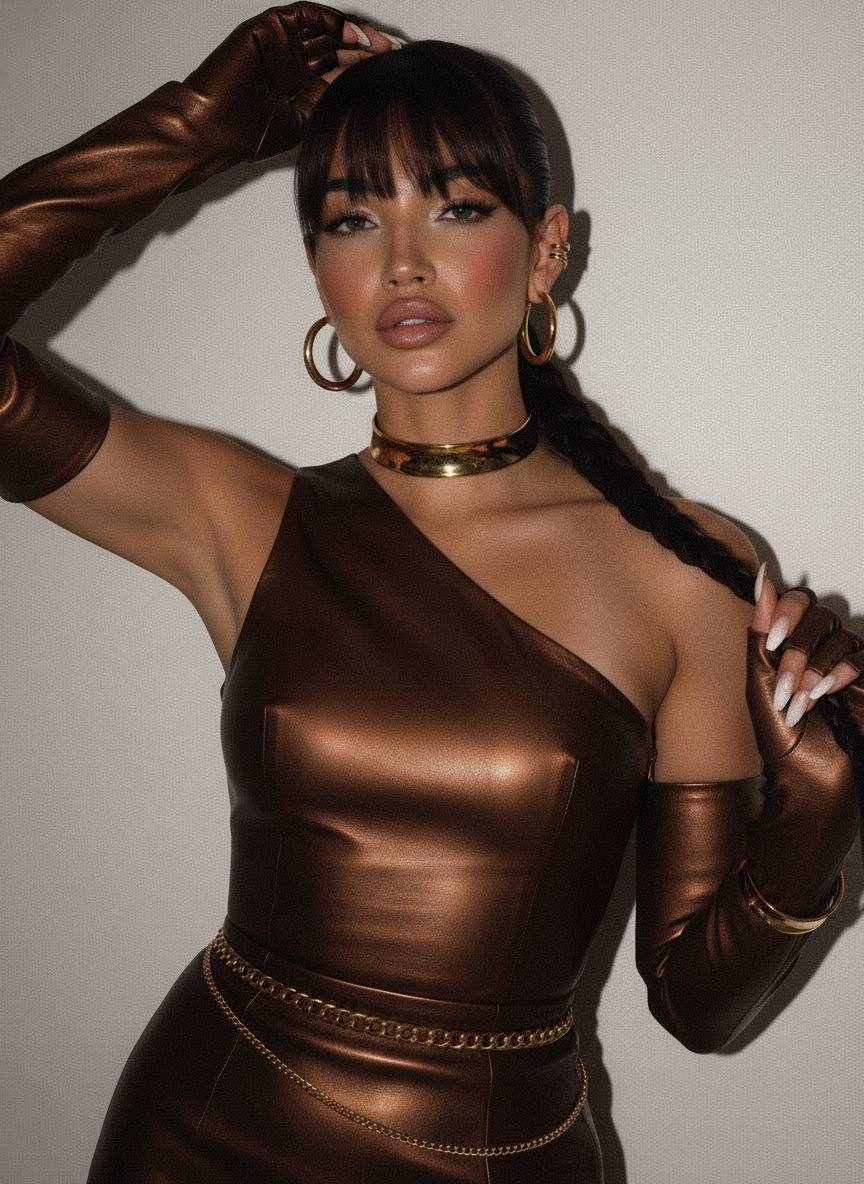 A confident woman in a sleek asymmetric leather top, posing with a strong gaze and delicate golden accessories against a soft neutral background.