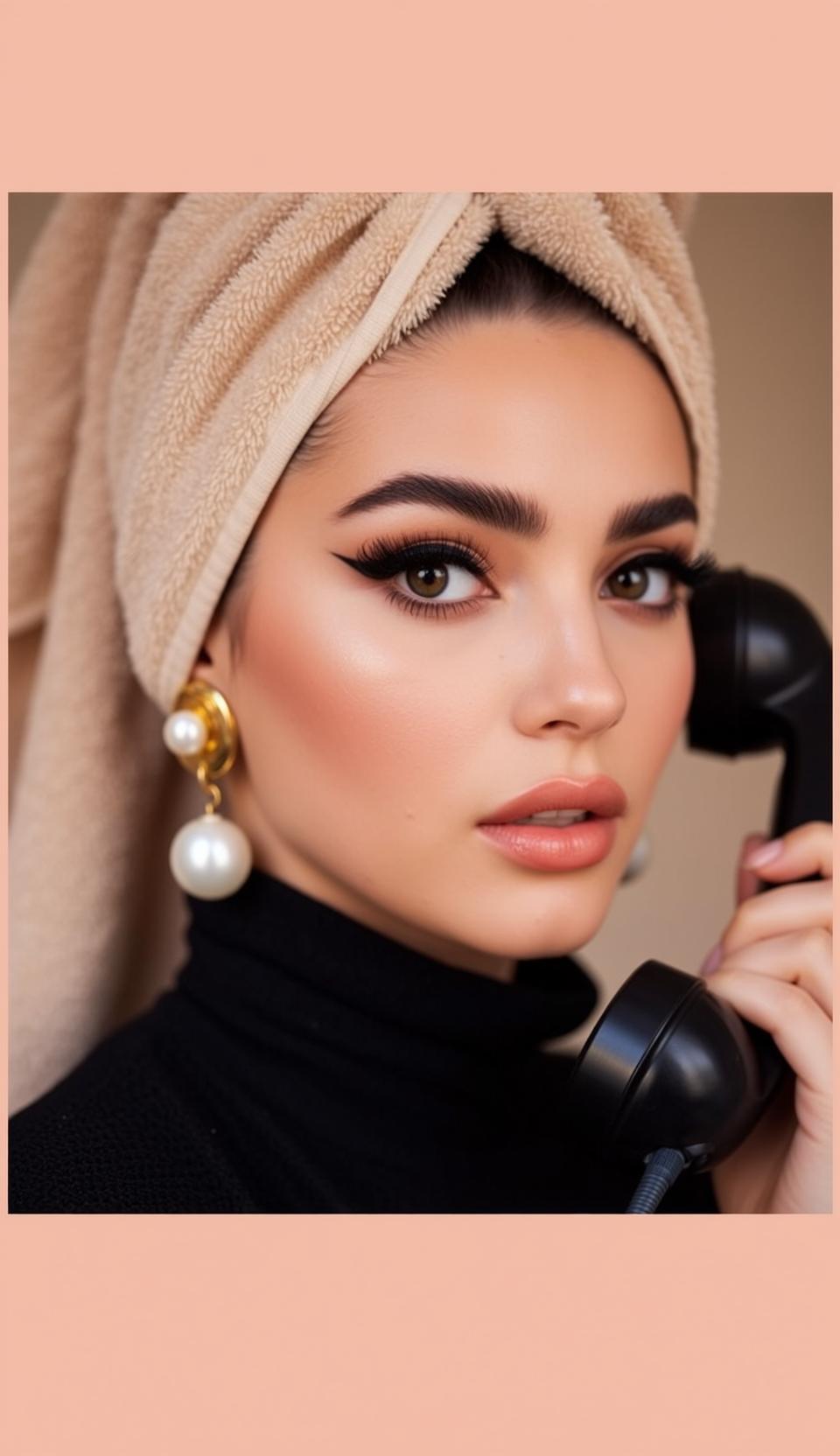 Portrait Young Woman With Beige Towel Wrapped Around Her Head