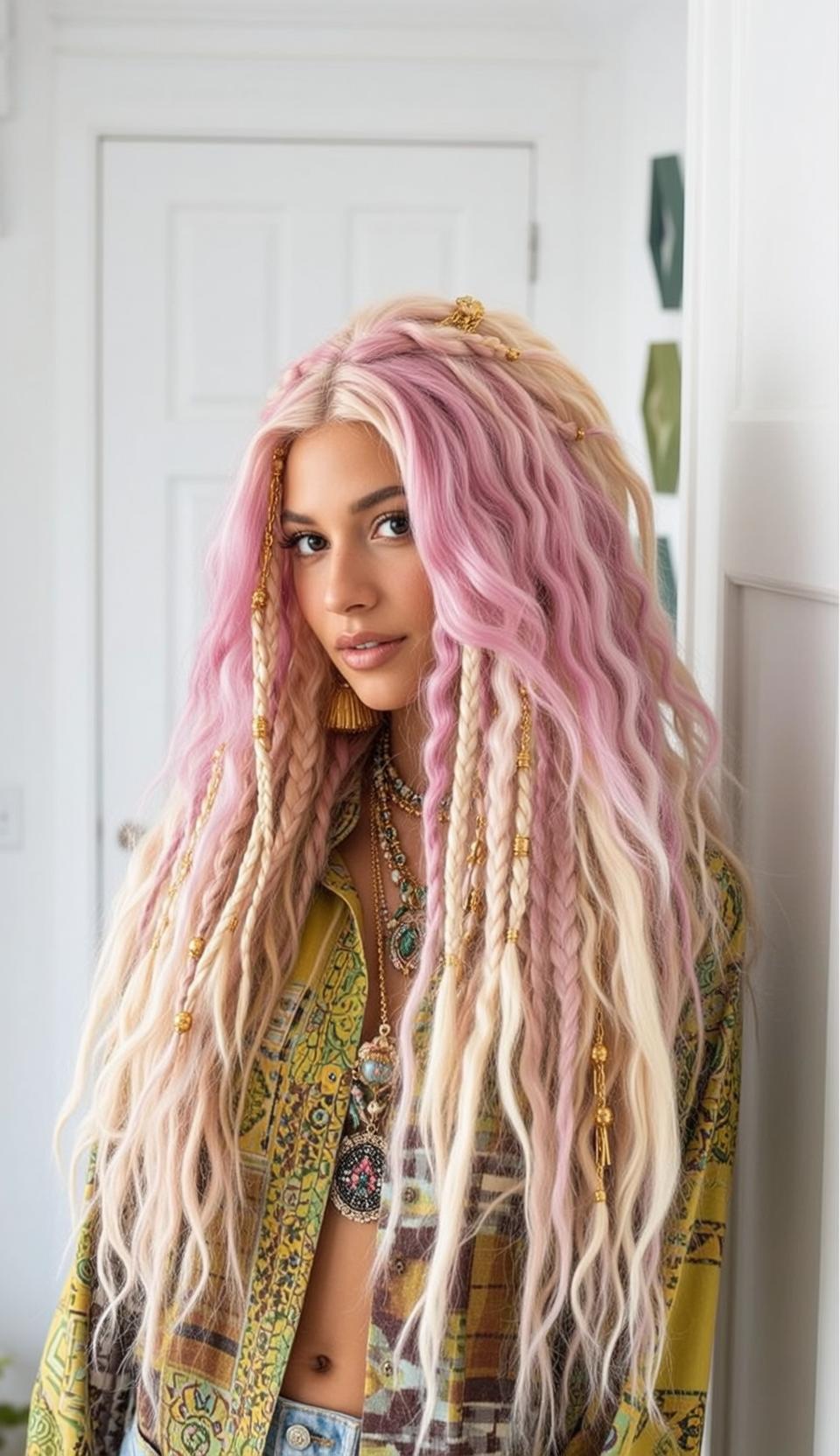 Blonde Woman Pink Streaks Gold Jewelry White Door