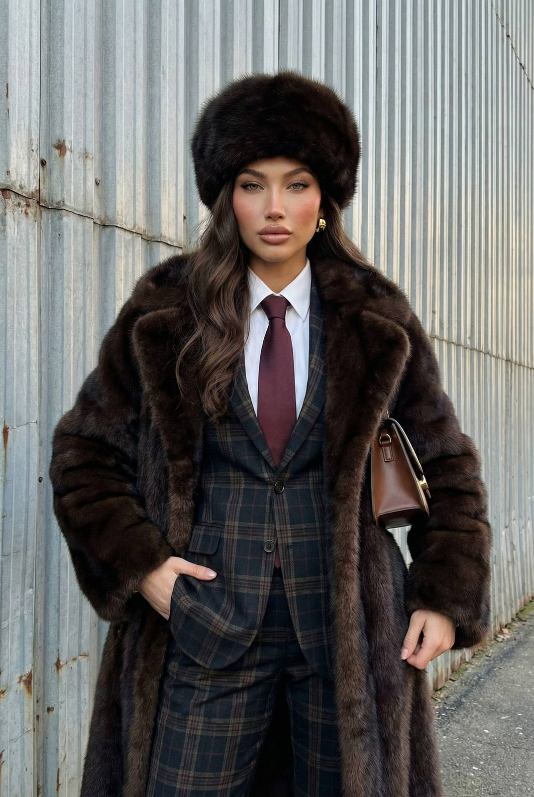 A confident woman showcasing a dark brown mink fur coat and tailored plaid suit in an outdoor industrial setting.