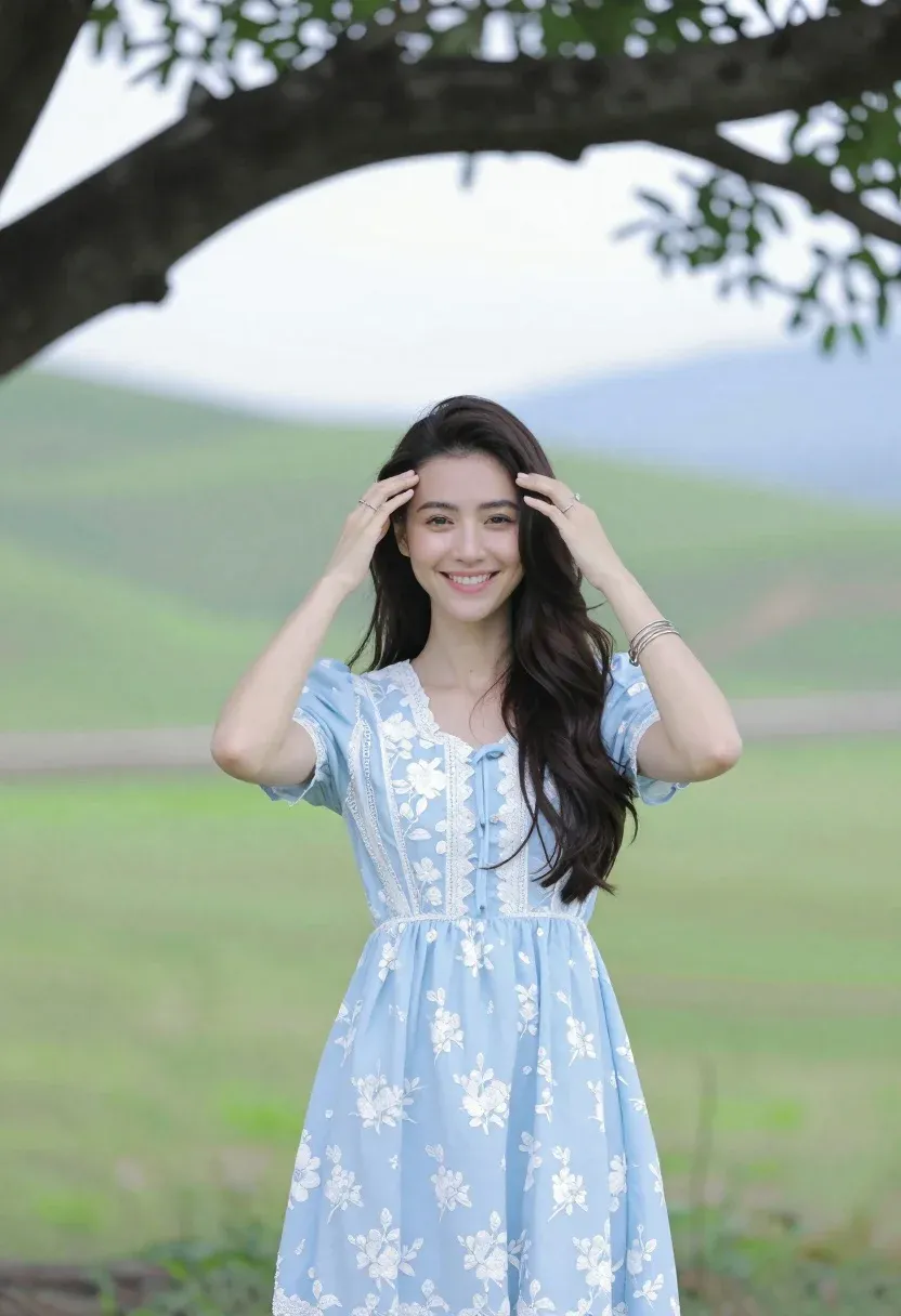 Smiling Woman With Long Dark Hair Stands Outdoors Under Large