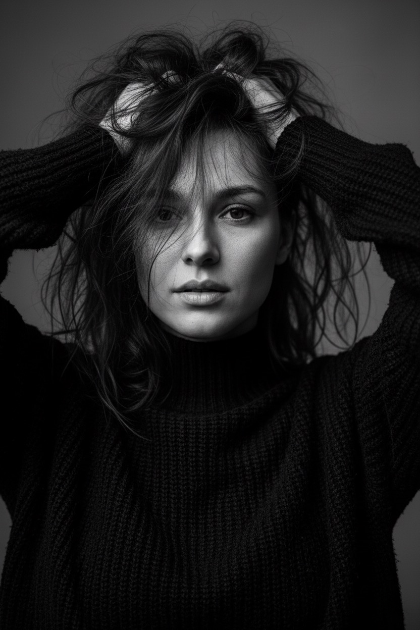A dramatic black-and-white portrait of a tired woman with unkempt hair, wearing a black sweater, captured in hyperrealistic detail.
