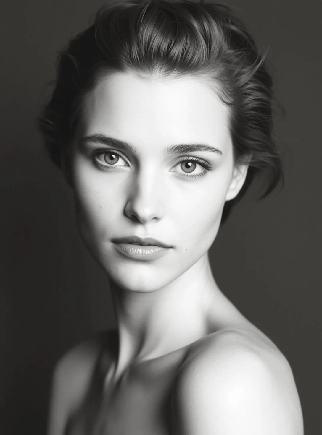 Black And White Medium Shot Portrait Young Woman With Fair
