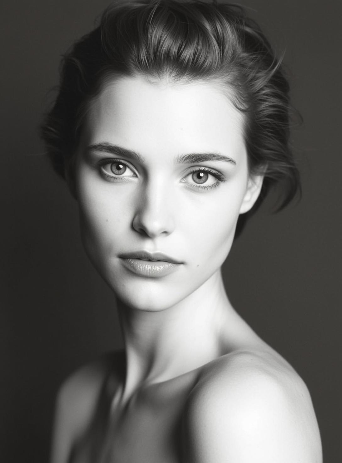Black And White Medium Shot Portrait Young Woman With Fair