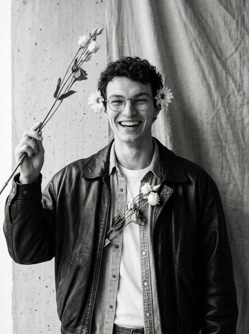 Monochrome Man Laughter Leather Flowers