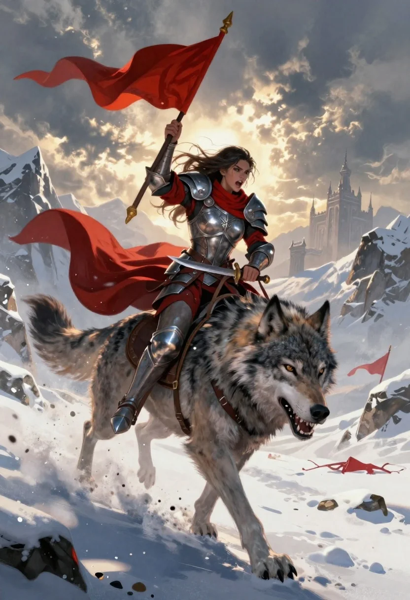 Digital Painting Fierce Warrior Woman Riding Massive Wolf Through Snow-covered reference photo