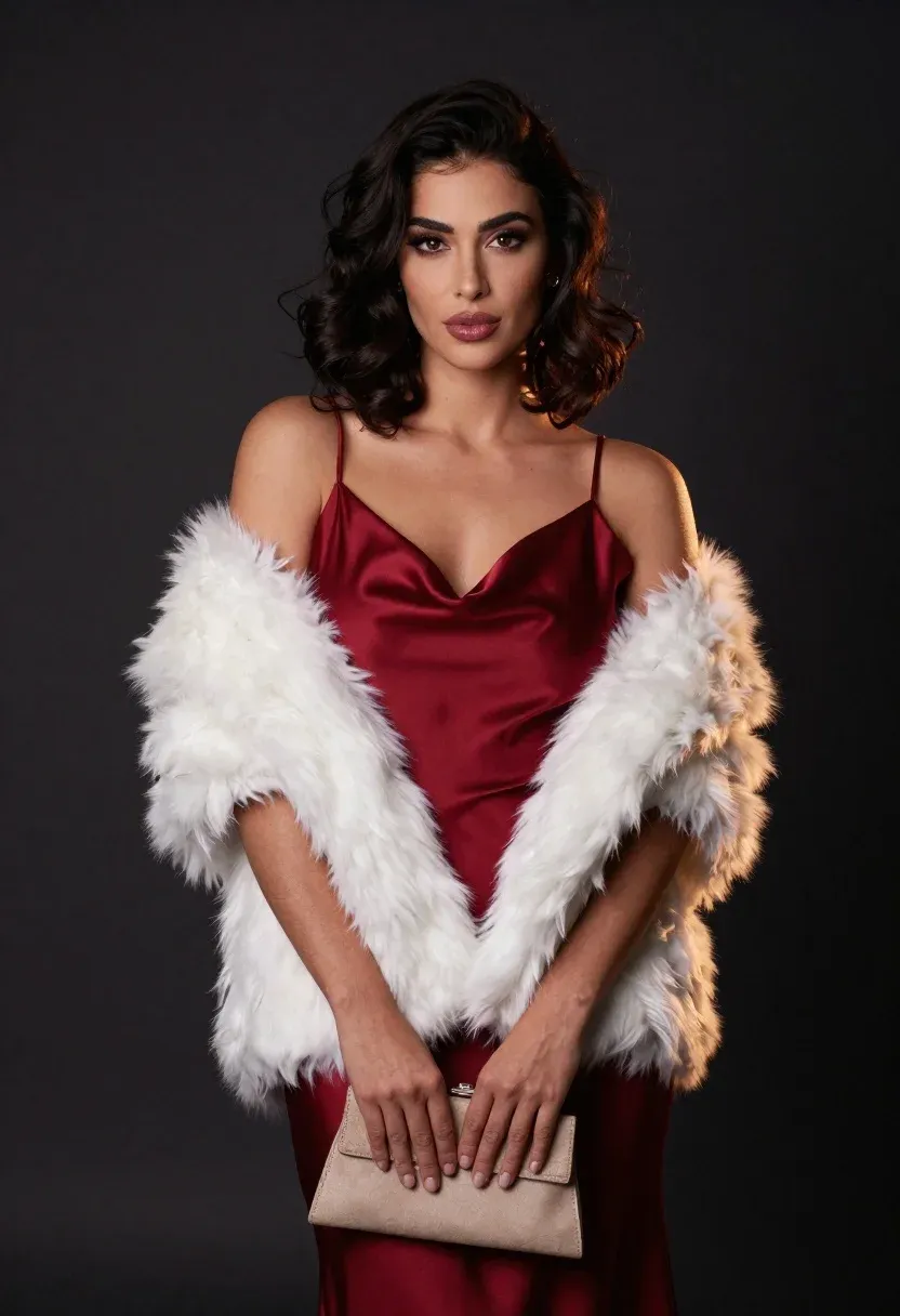Confident Woman With Dark Wavy Hair Stands Against Dark Background