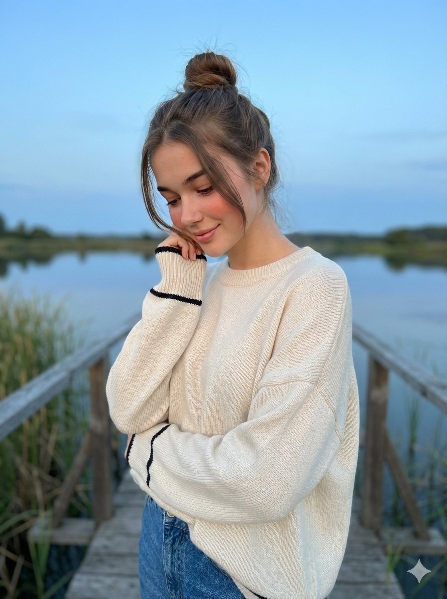 A young woman with soft features and a gentle smile, looking downward, wearing a cream oversized sweater beside a calm lake.