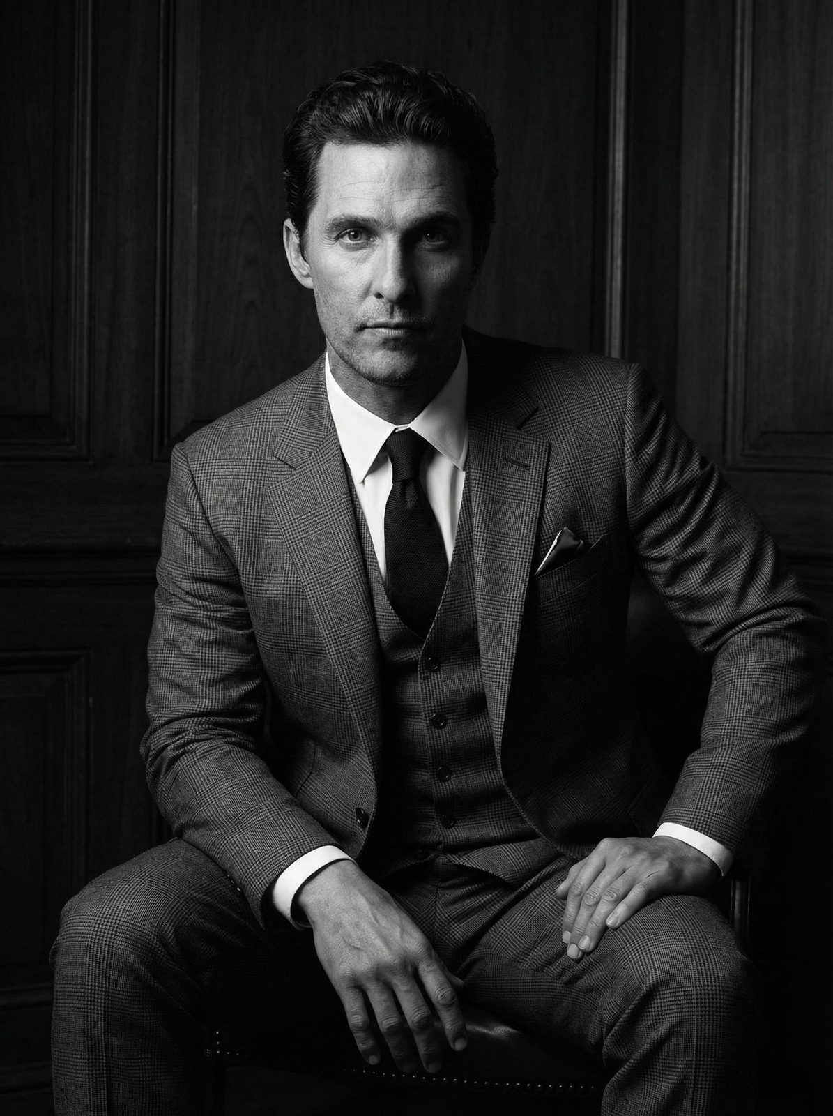 A man in a well-fitting three-piece suit, seated in a dark classic setting, gazes intently at the camera, highlighted by dramatic lighting.
