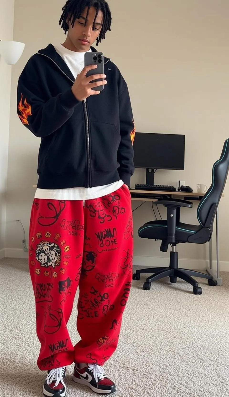Flame Hoodie Graffiti Pants Selfie