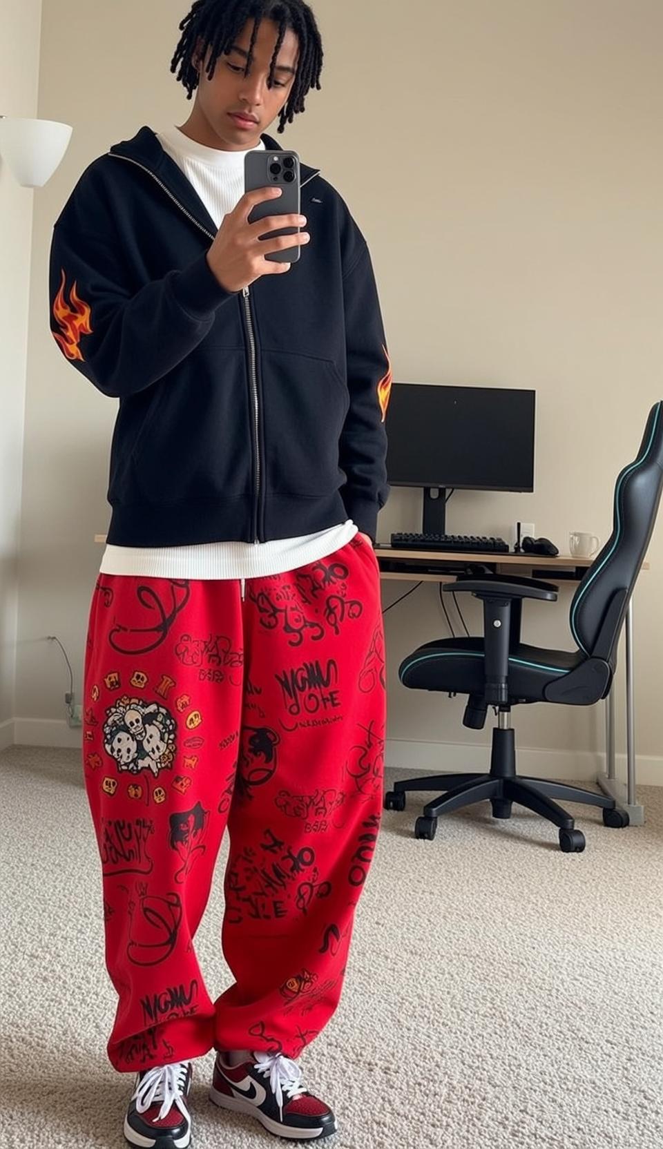 Flame Hoodie Graffiti Pants Selfie