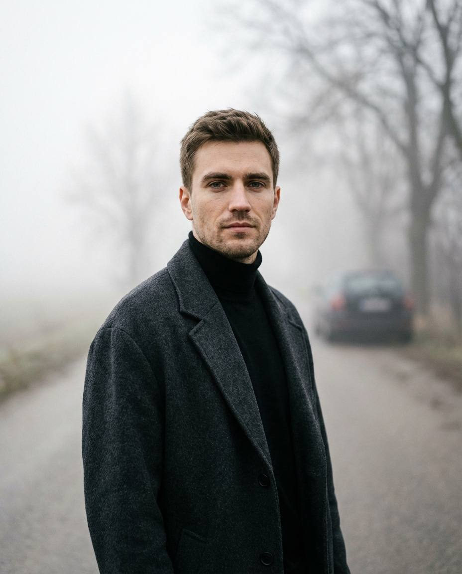 A man in a dark gray oversized coat poses on a deserted rural road surrounded by fog and bare tree silhouettes.