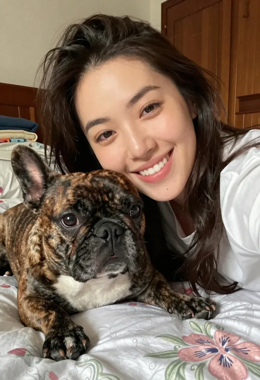 Close-up Selfie Smiling Woman Lying Bed With Her Brindle French