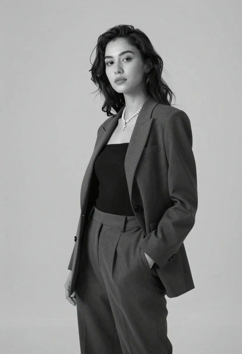 Black And White Studio Portrait Confident Woman Standing Profile Facing reference photo