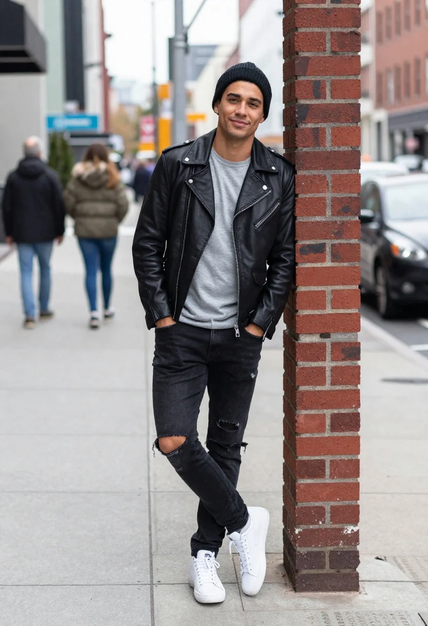 A stylish man leans against a vibrant red brick wall on a city sidewalk, captured in natural daylight with a blurred background.