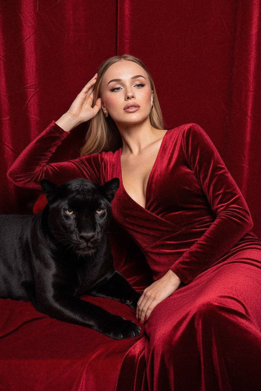A woman in a deep red velvet gown reclines on rich fabric, exuding elegance beside a striking red panther.
