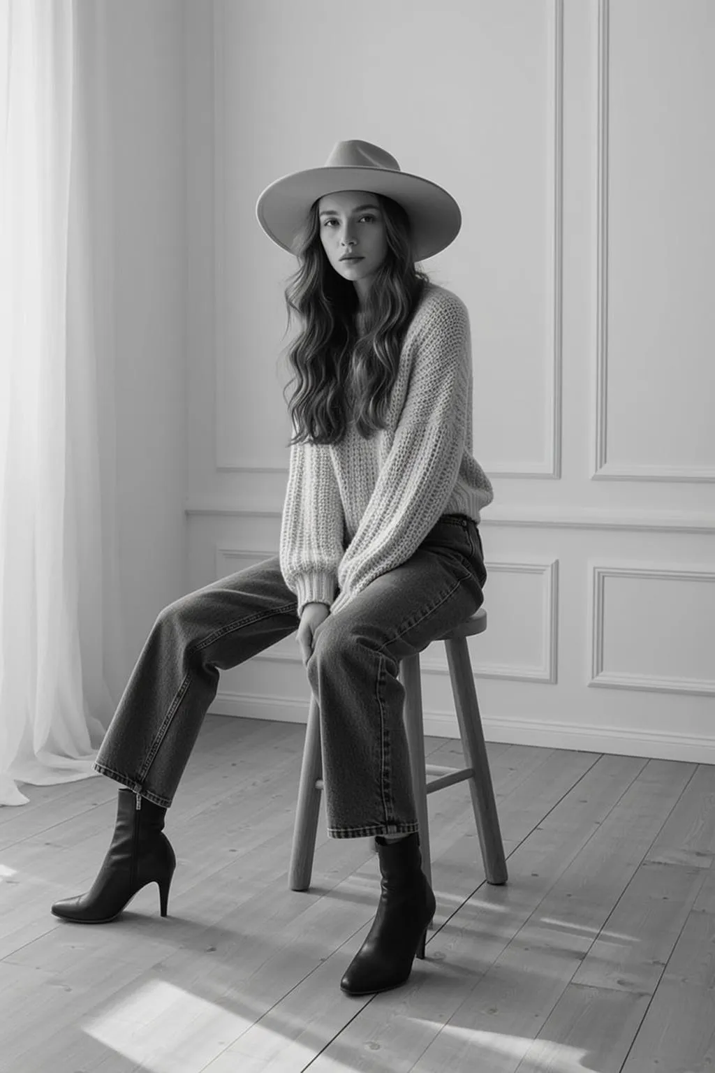Young Woman With Long Wavy Brown Hair Seated Wooden Stool