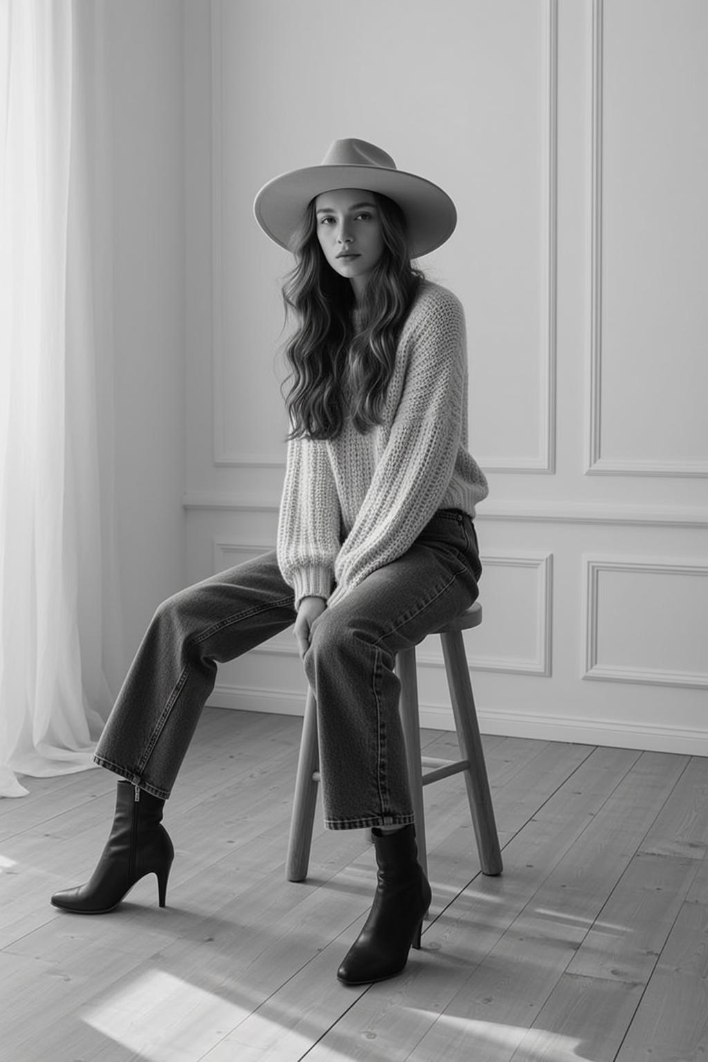Young Woman With Long Wavy Brown Hair Seated Wooden Stool