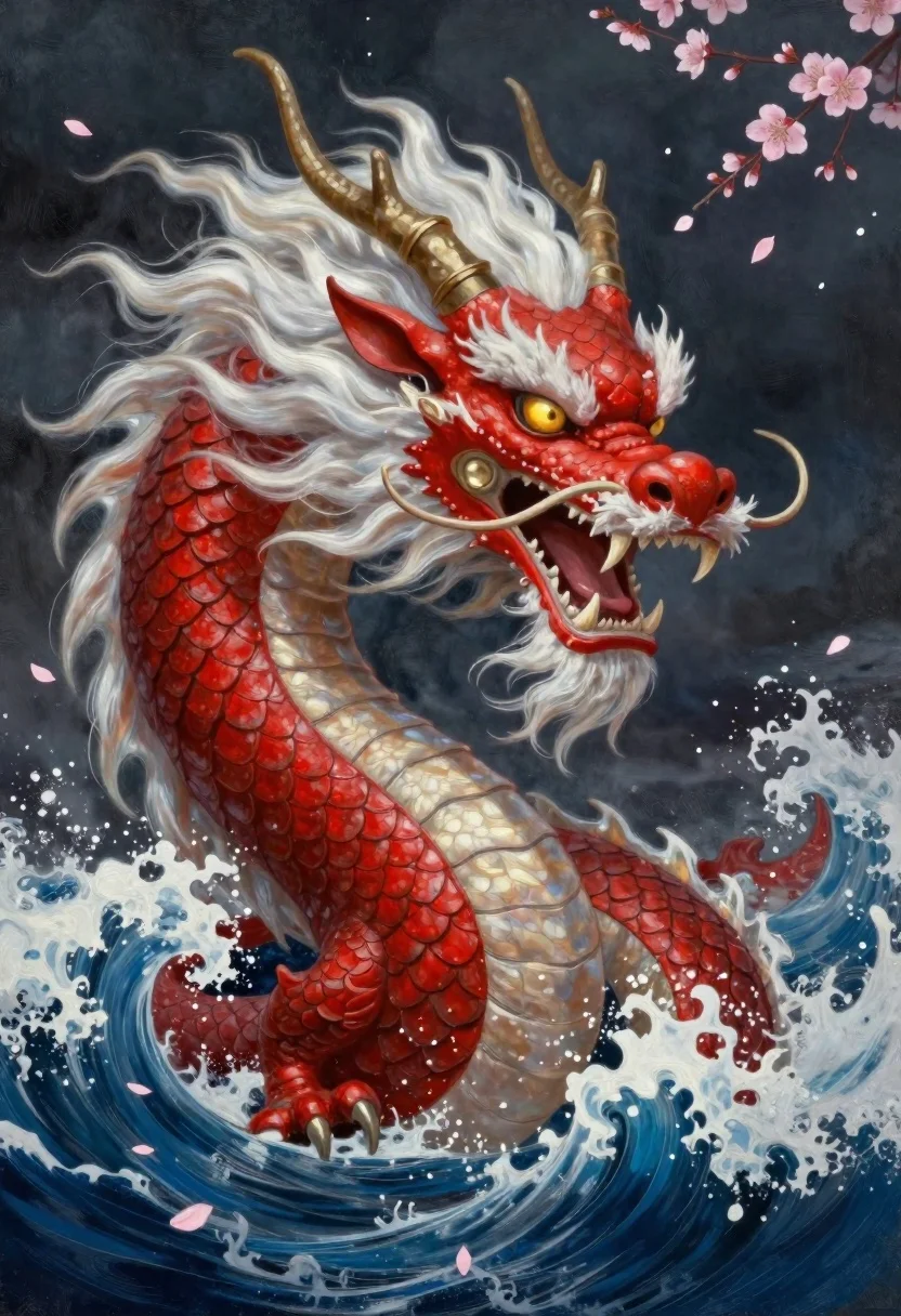 Oil Painting Fierce Red Dragon Roaring Amidst Crashing Waves Subject reference photo