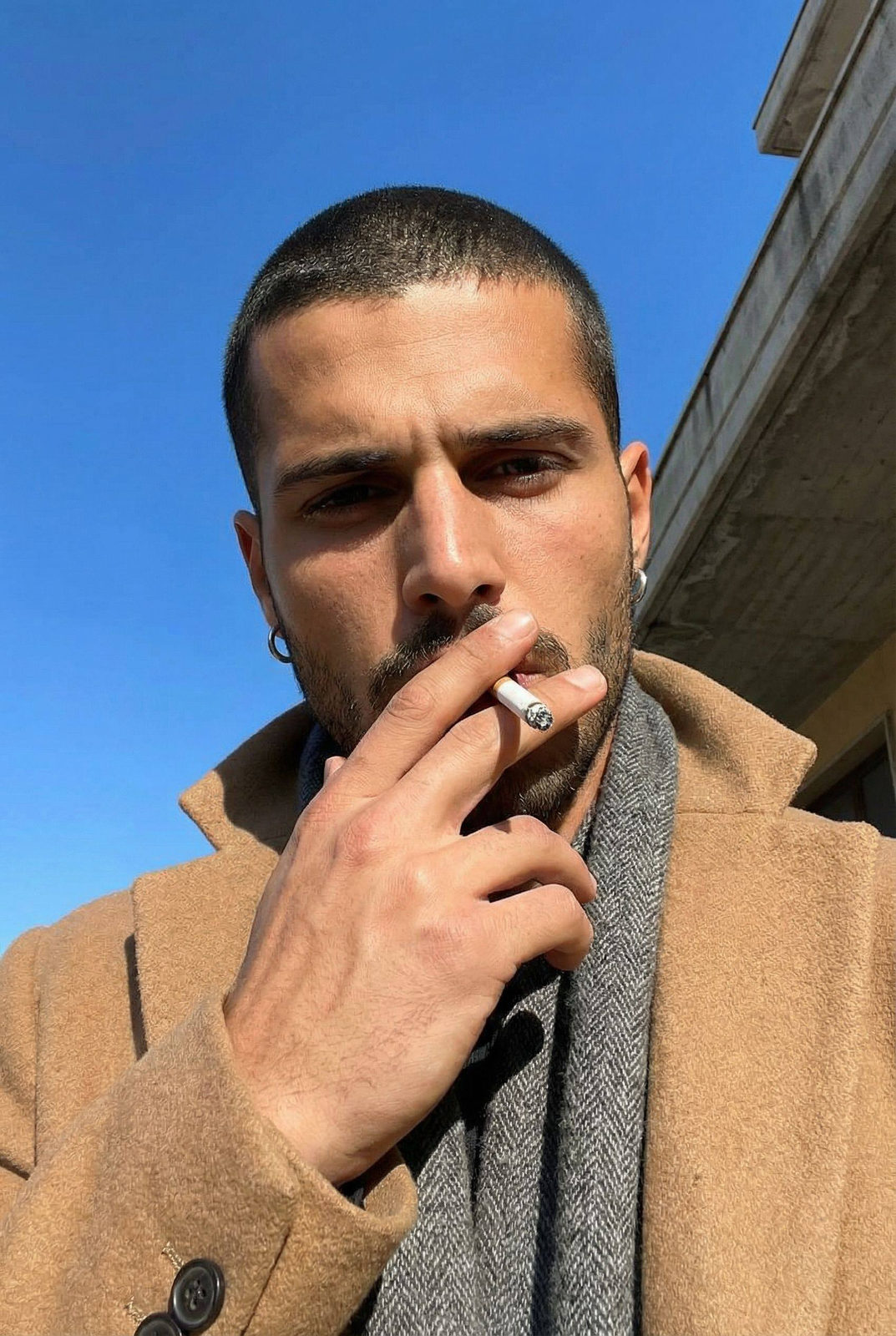 Smoking Cigarette Urban Street Portrait Upward Perspective