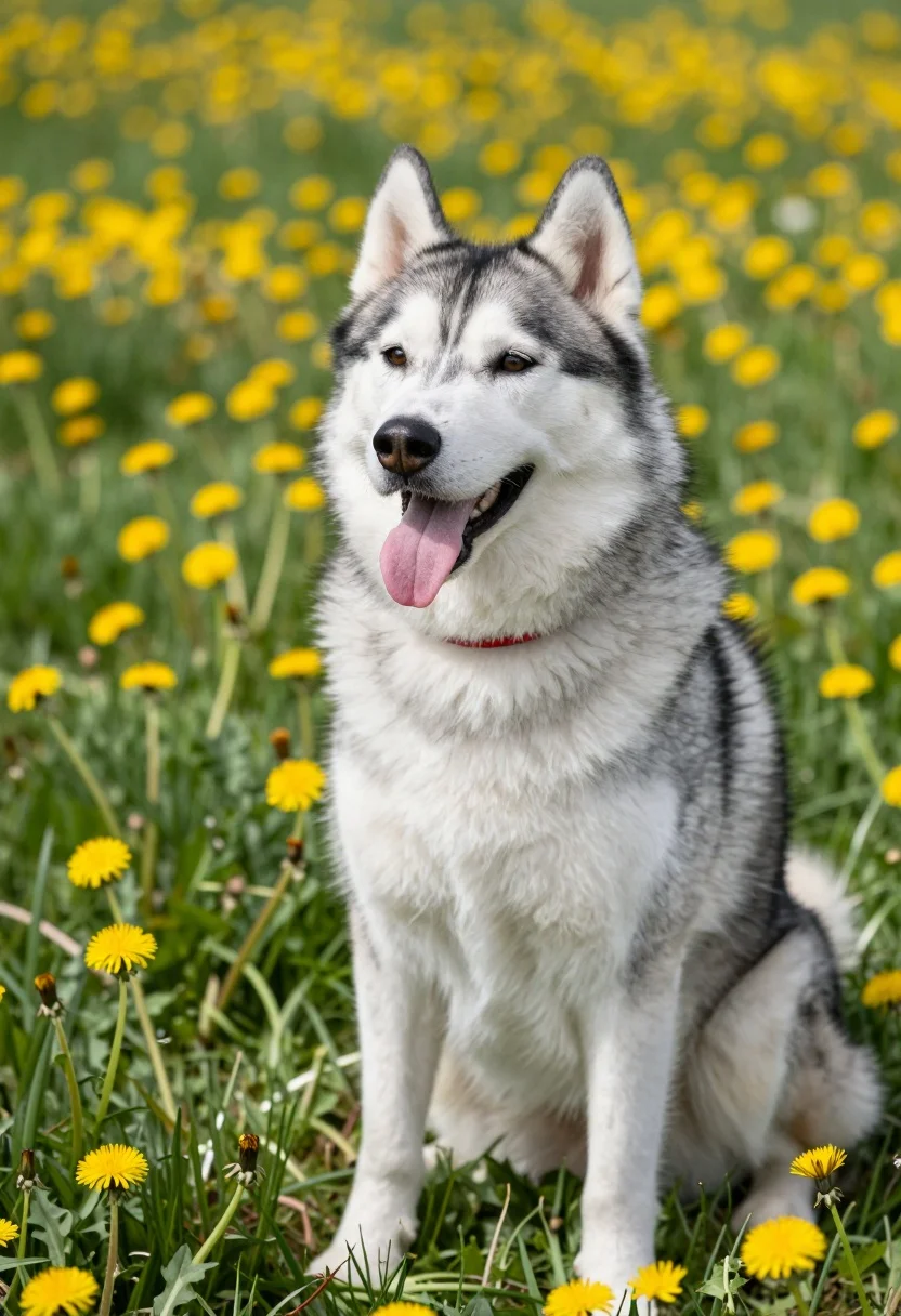 Happy Siberian Husky Sits Field Yellow Dandelions Subject Fluffy Siberian