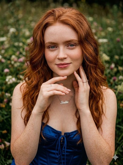Portrait of a woman with long wavy red hair, wearing a strapless royal-blue satin corset dress in a lush meadow with soft bokeh.