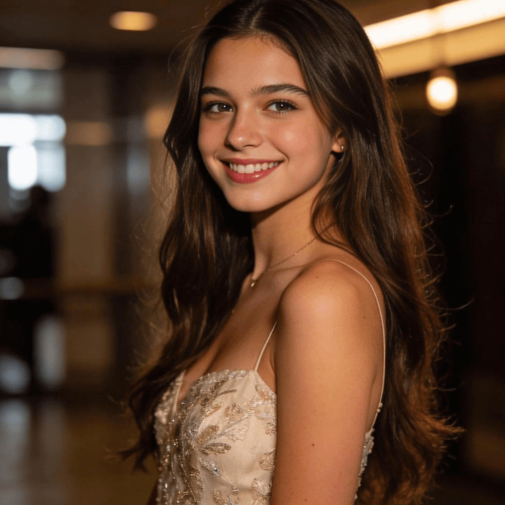 Elegant Champagne Gown Shimmering Floral Embroidery Warm Cinematic Lighting