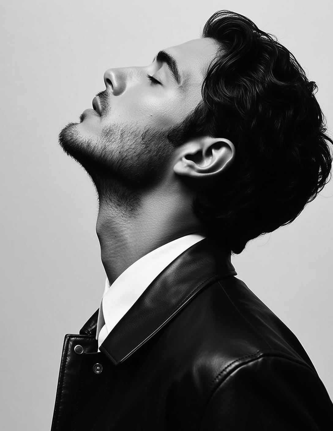 Photorealistic Black And White Medium Shot Portrait Young Man With