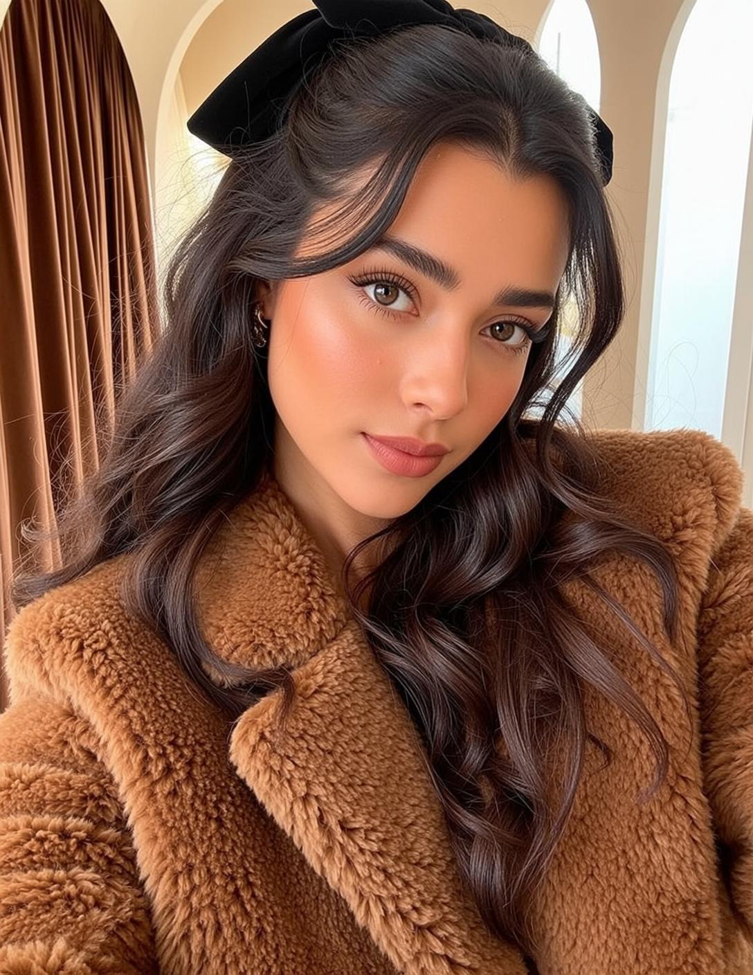 Young Woman Brown Teddy Bear Coat Arched Window