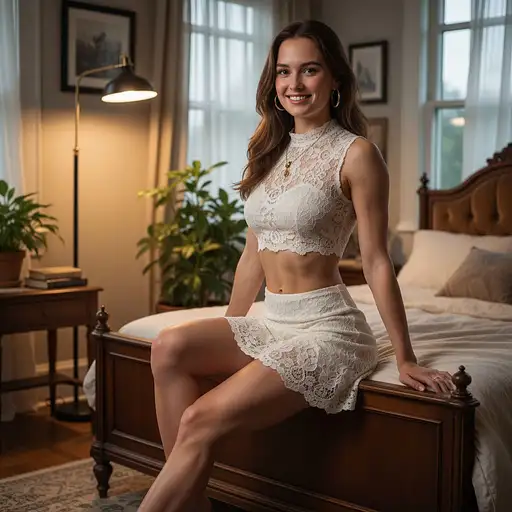 A realistic portrait of a young female seated gracefully on a vintage bed, wearing a white lace dress in warm sunlight.