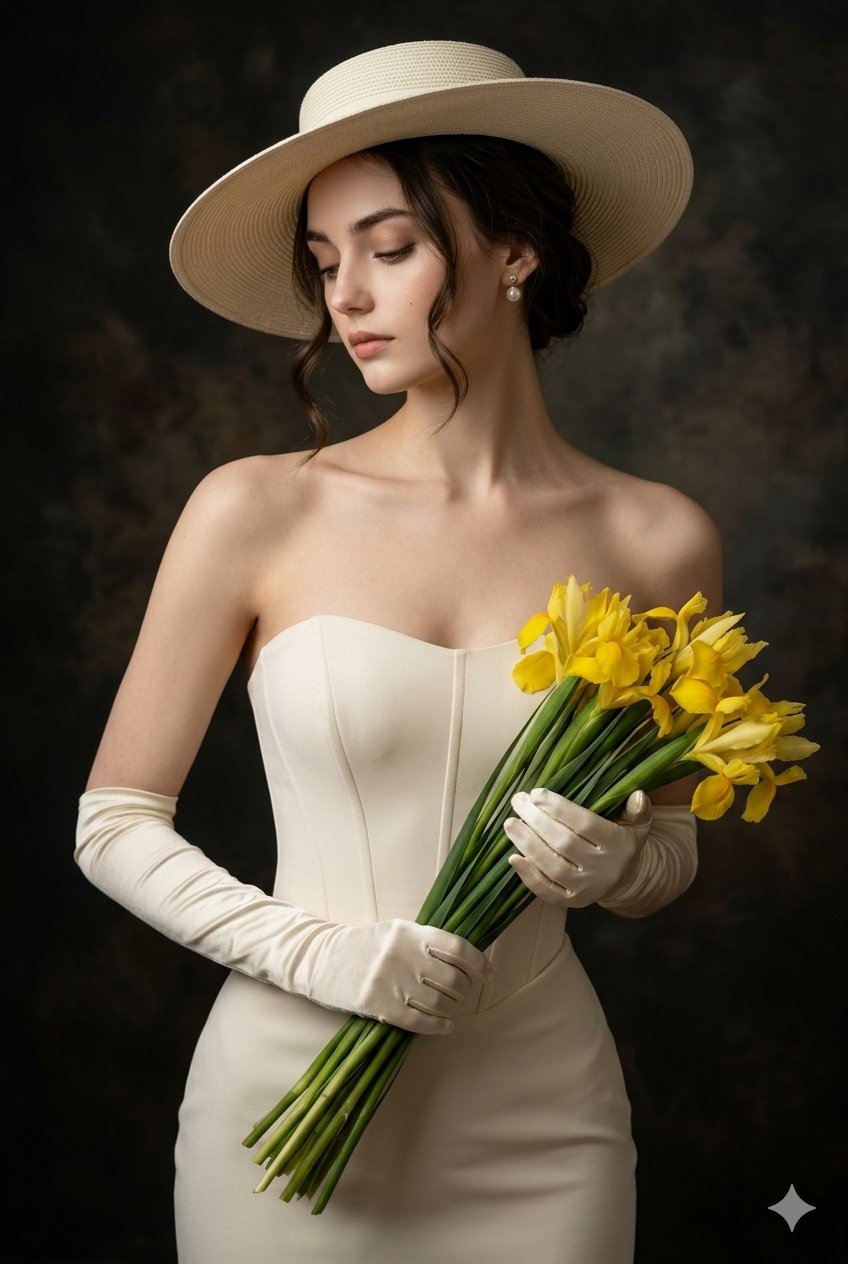 Formal Cream Outfit Yellow Daffodils Straw Hat