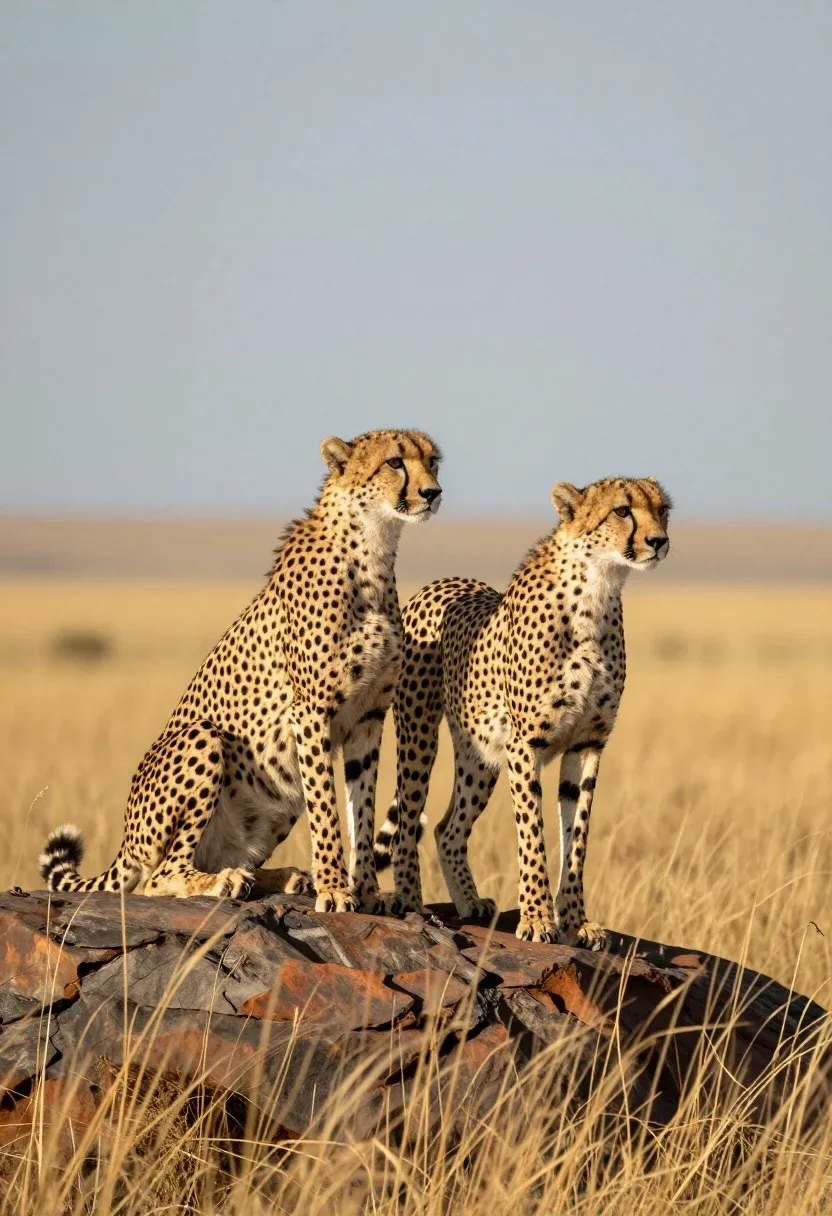 Two Cheetahs Stand Atop Rocky Outcrop Golden Savanna Landscape Under