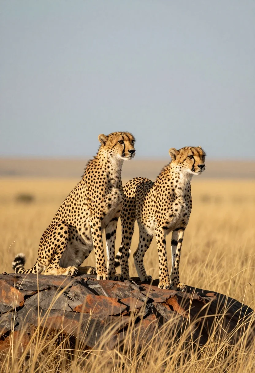 Two Cheetahs Stand Atop Rocky Outcrop Golden Savanna Landscape Under
