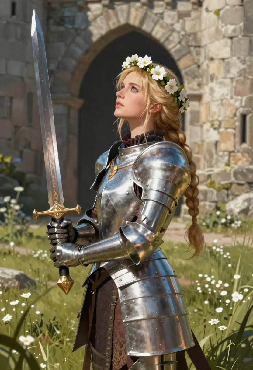 Digital Painting Young Woman Shining Steel Armor Holding Ornate Sword