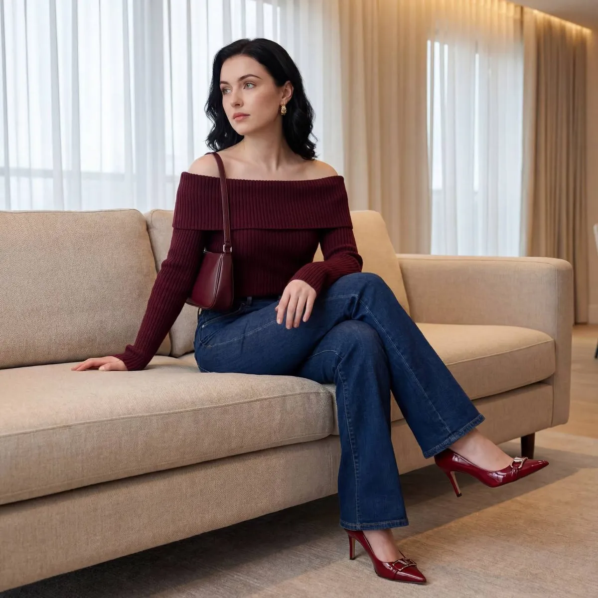 Burgundy Sweater Sofa Portrait