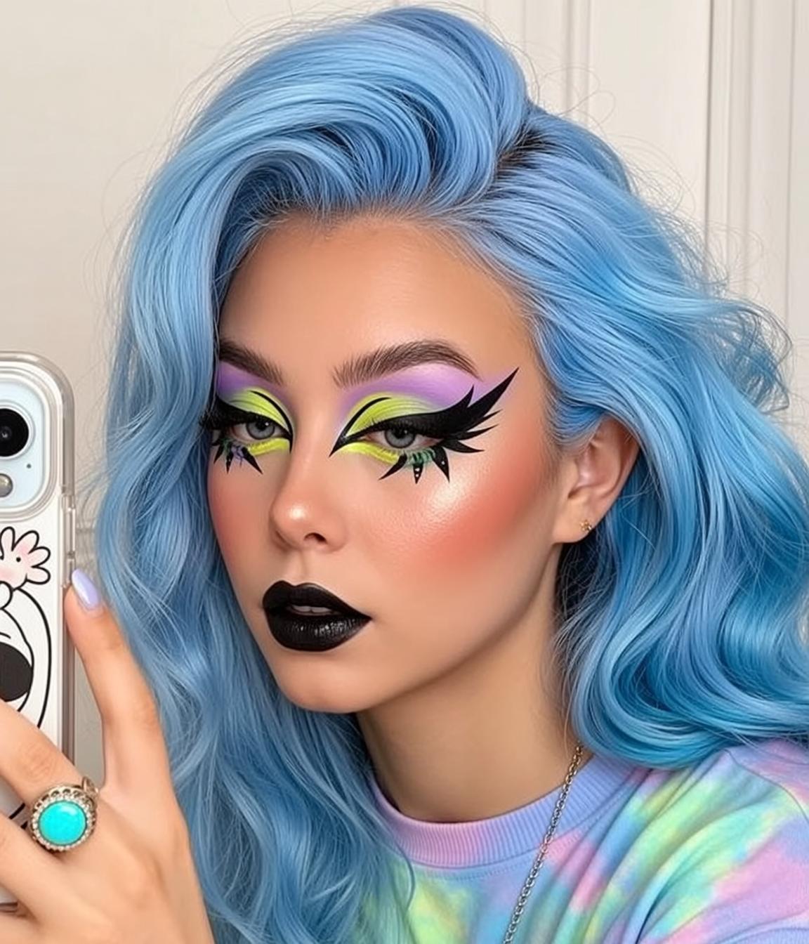 Halloween Makeup Young Long Wavy Bright Blue