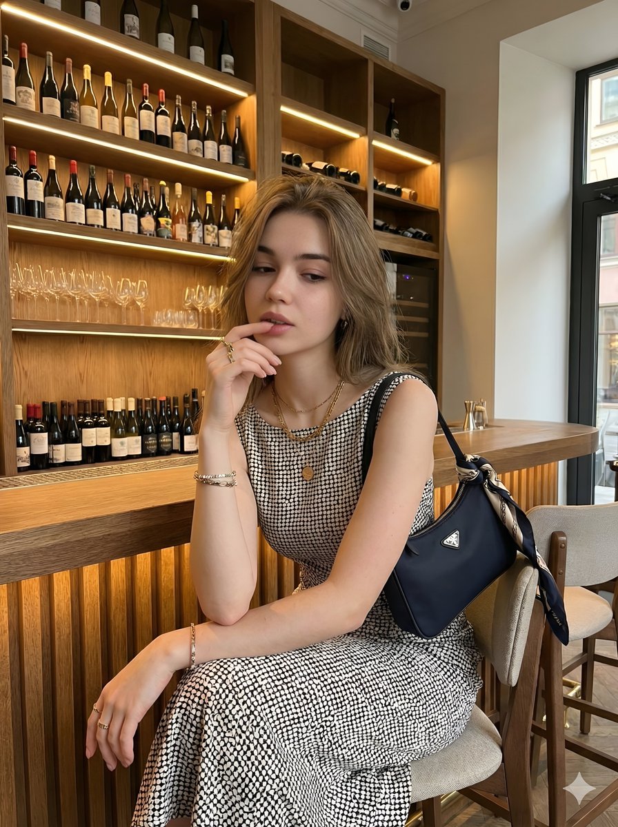A young beautiful woman with long wavy hair sitting at a stylish wine bar, wearing a sleeveless polka dot midi dress while thoughtfully resting her hand near her lips.
