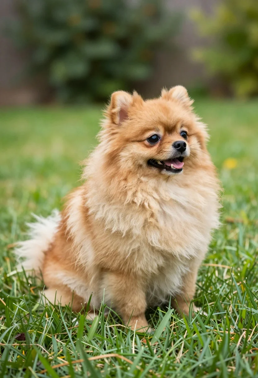 Happy Pomeranian Dog With Fluffy Golden-brown Fur Sits Lush Green
