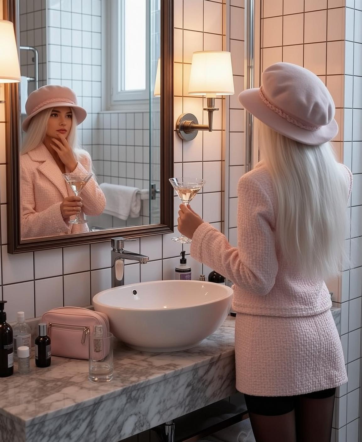 Barbiecore Stands Bathroom Holding Martini Glass Her