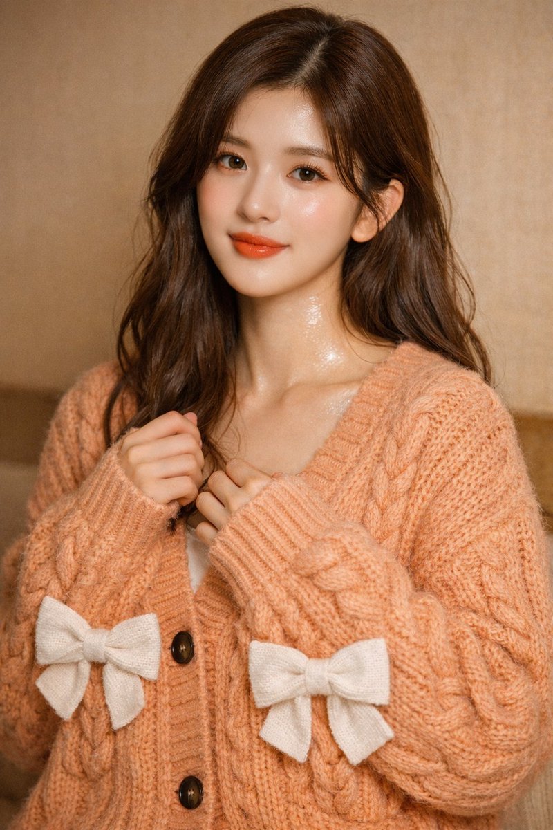 A photorealistic image of Zhao Lusi wearing a warm peach oversized cardigan against a beige background with soft lighting.